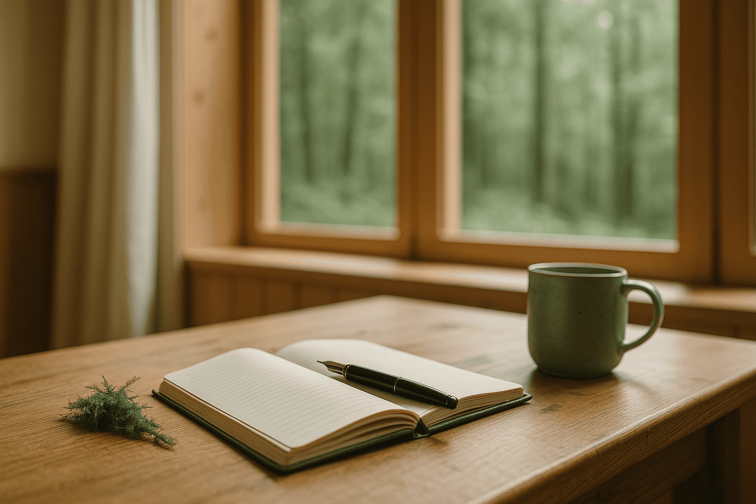 Von der Autorin ausgewähltes Motiv mit offenem Notizbuch, Stift und Kaffeetasse am Waldfenster